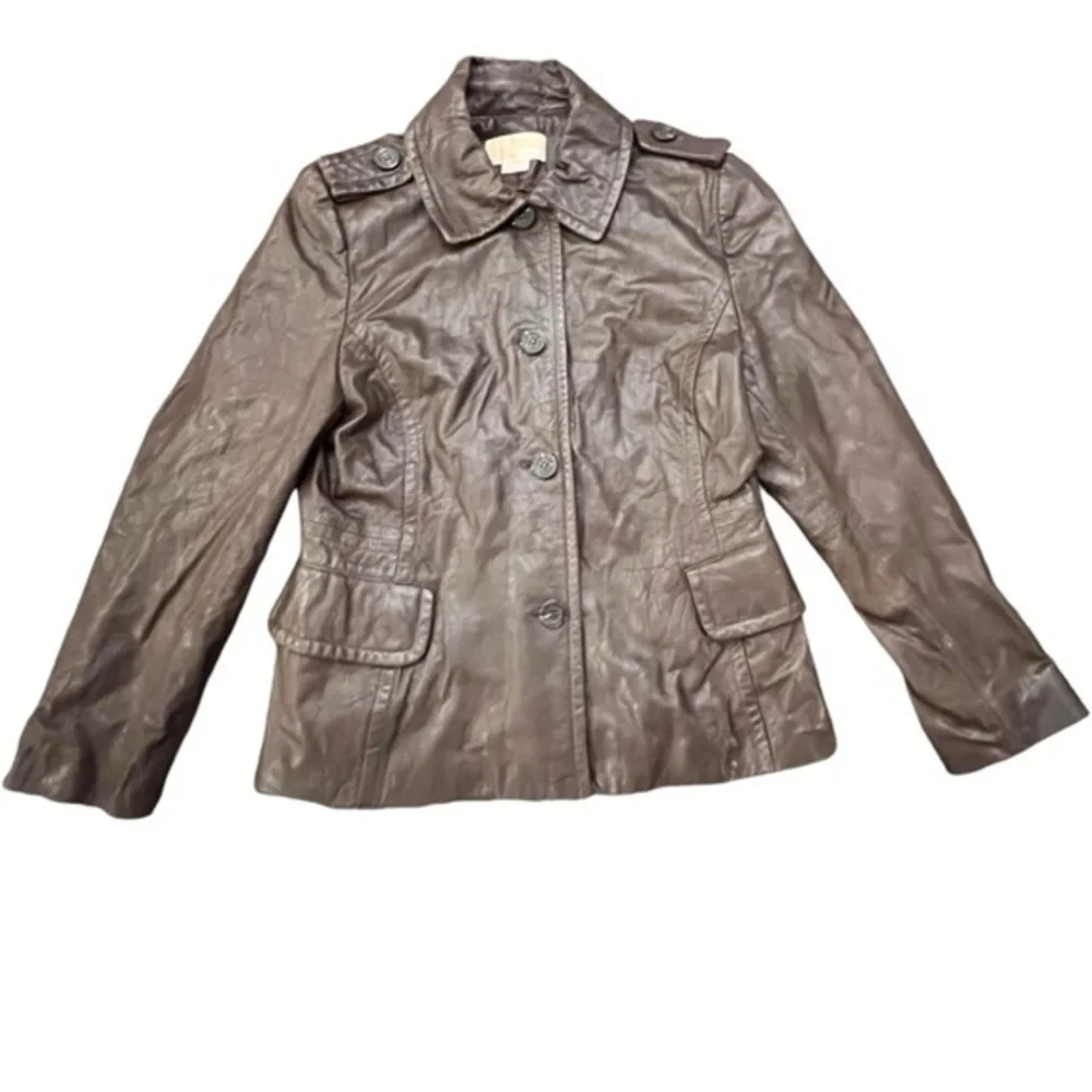 Michael Kors Women's Brown Button Front Genuine Leather Coat Large Short Lined